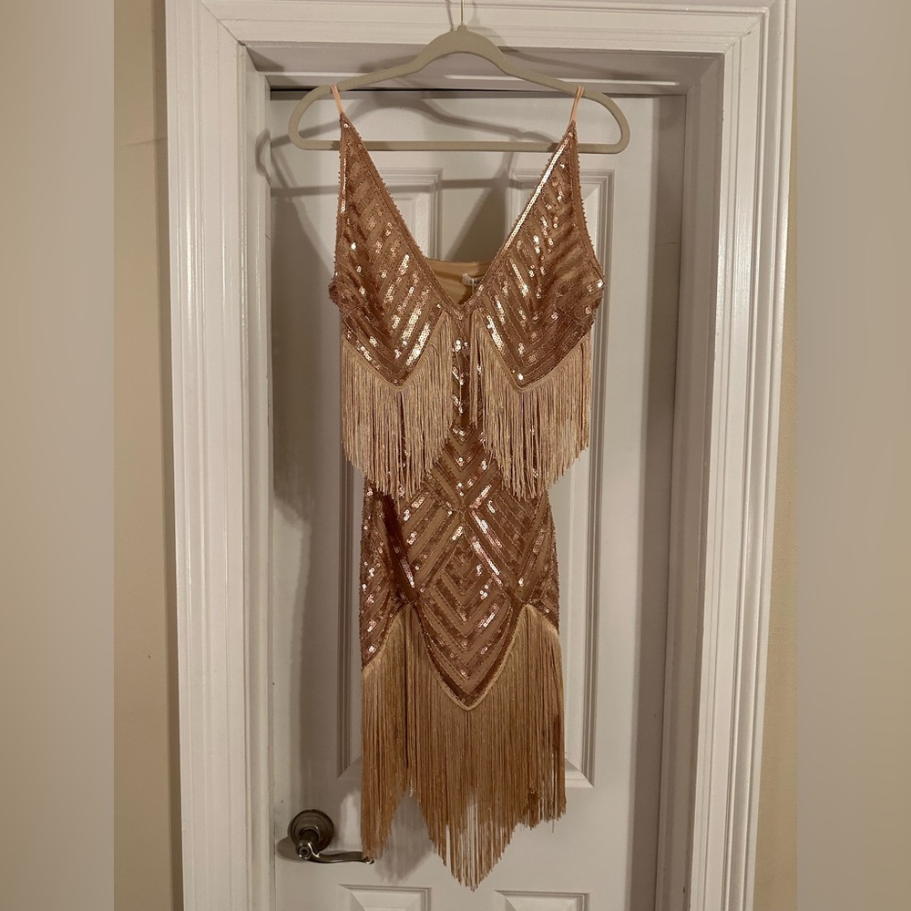 Beaded Fringe V-Neck Cocktail Dress in Gold